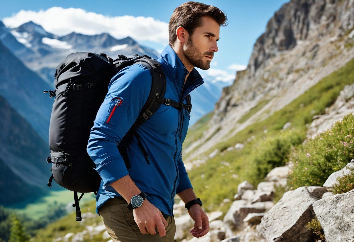 A rugged outdoor scene featuring a stylish individual wearing a Luminox watch while hiking in a breathtaking mountain landscape. The watch should be prominently displayed, showcasing its durability and sleek design against a backdrop of lush greenery and a clear blue sky. Incorporate elements of adventure with hiking gear like a backpack and trekking poles. Capture the essence of outdoor fashion and functionality. super-realistic. vibrant colors. high contrast.