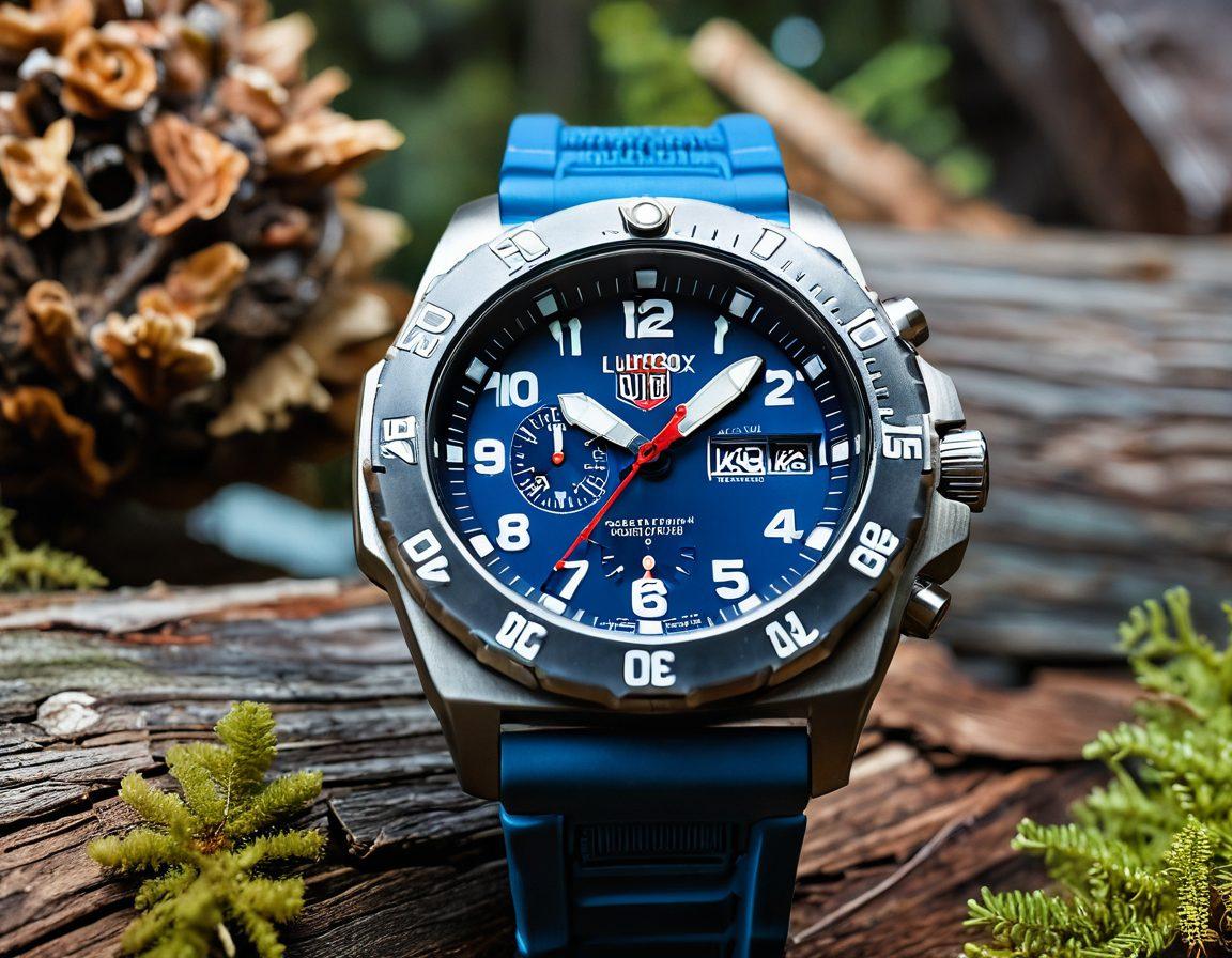 A close-up of a rugged Luminox outdoor watch displayed on a weathered wooden surface, surrounded by elements of nature like pine cones and moss, capturing its durability and stylish design. Include a backdrop of a serene mountainous landscape under a clear blue sky, highlighting adventure and exploration. super-realistic. vibrant colors. natural lighting.