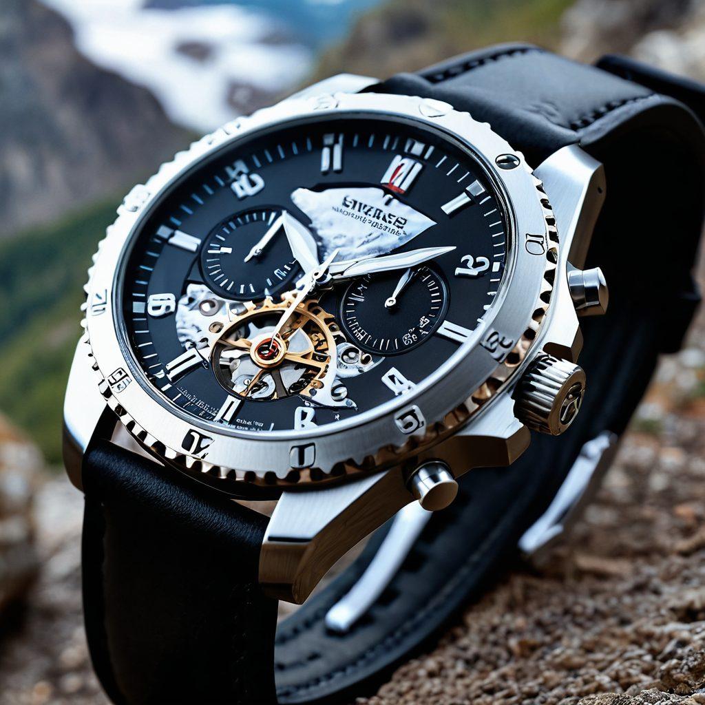 A close-up of a rugged luxury watch, highlighting intricate Swiss craftsmanship with visible gears and precision engineering. The watch is set against a picturesque Swiss mountain backdrop, illustrating resilience and adventure. Include elements like snow-capped peaks and lush valleys to evoke nature's beauty and strength. Soft sunlight glistens on the watch's surface, adding elegance. super-realistic. vibrant colors. white background.